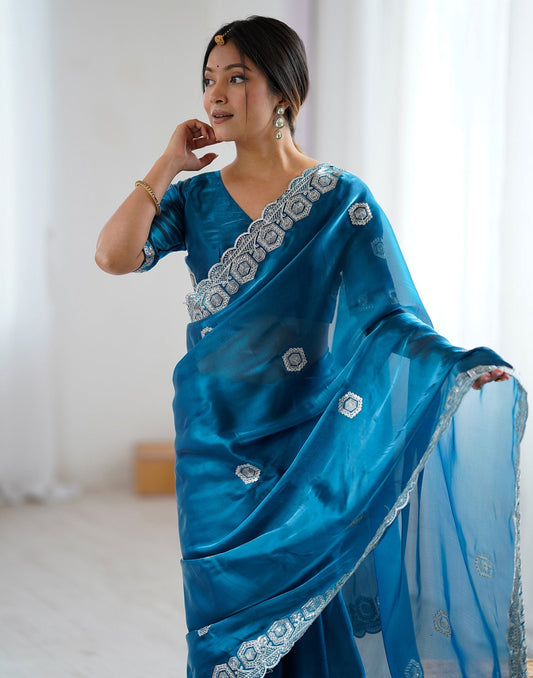 Peacock Blue Tissue Silk Embroidery Saree