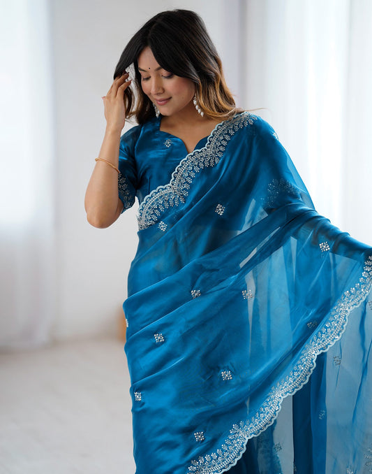 Peacock Blue Tissue Silk Embroidery Saree