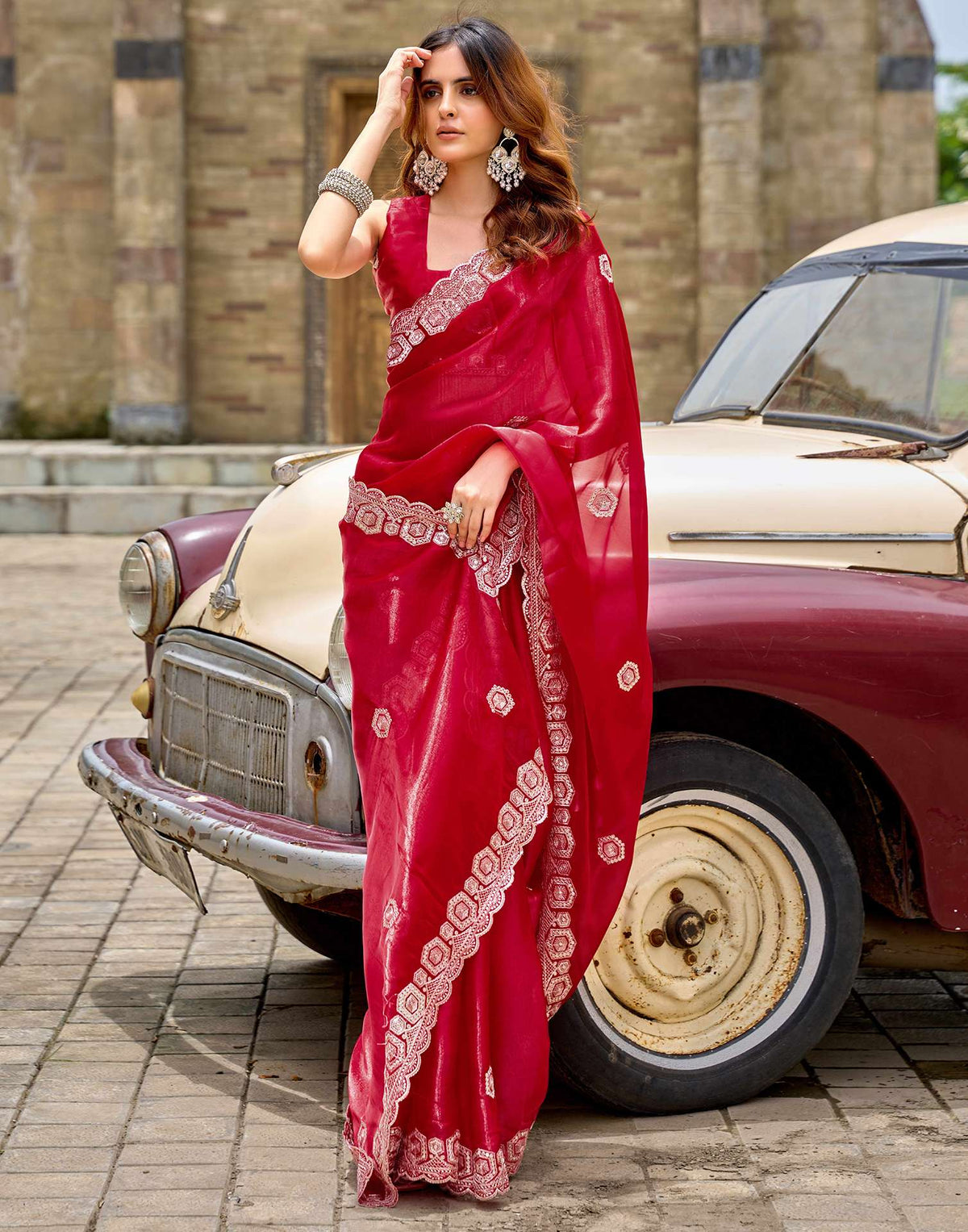 Red Tissue Silk Sequence Embroidery Saree
