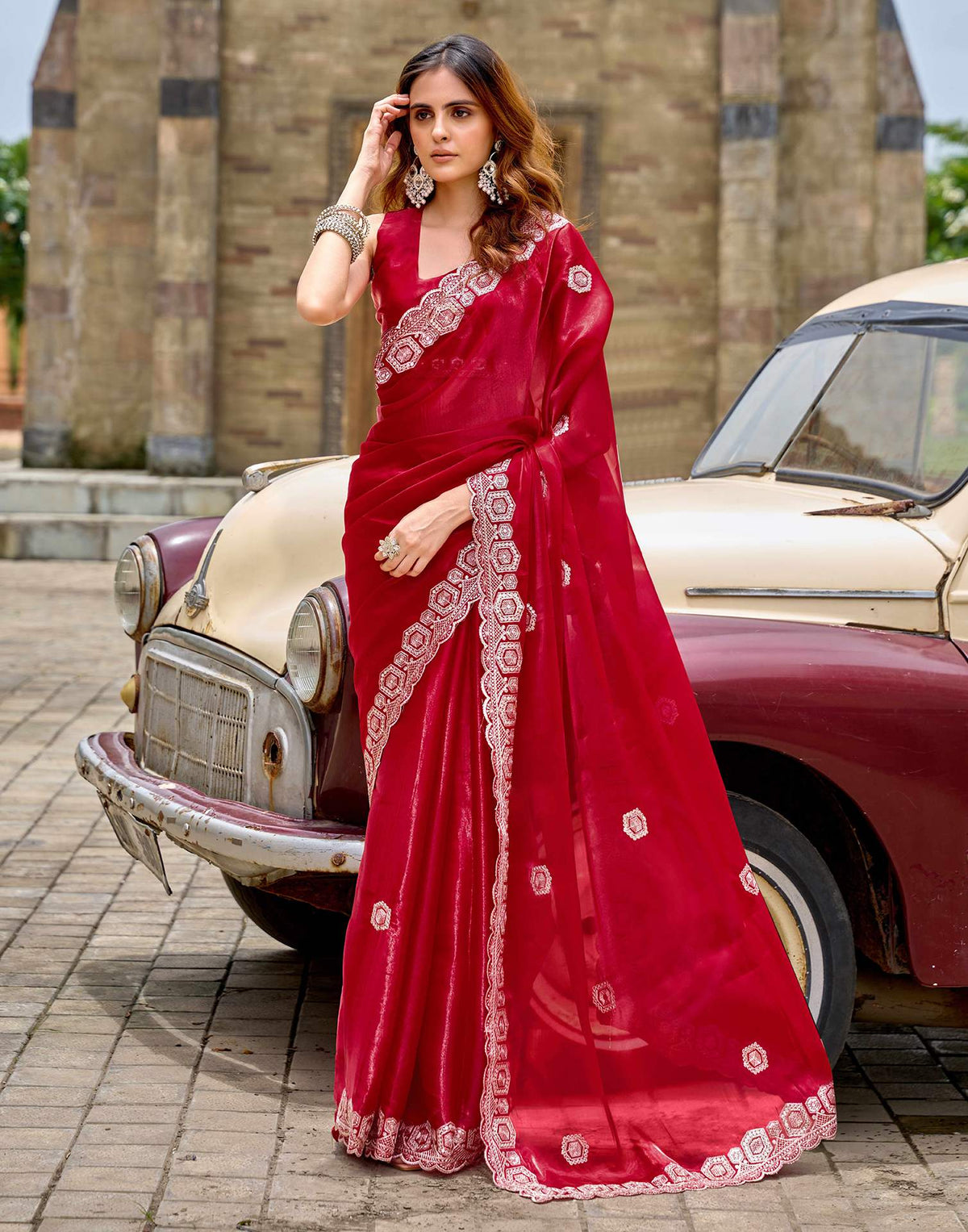 Red Tissue Silk Sequence Embroidery Saree