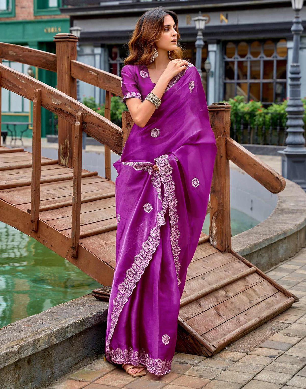Magenta Tissue Silk Sequence Embroidery Saree