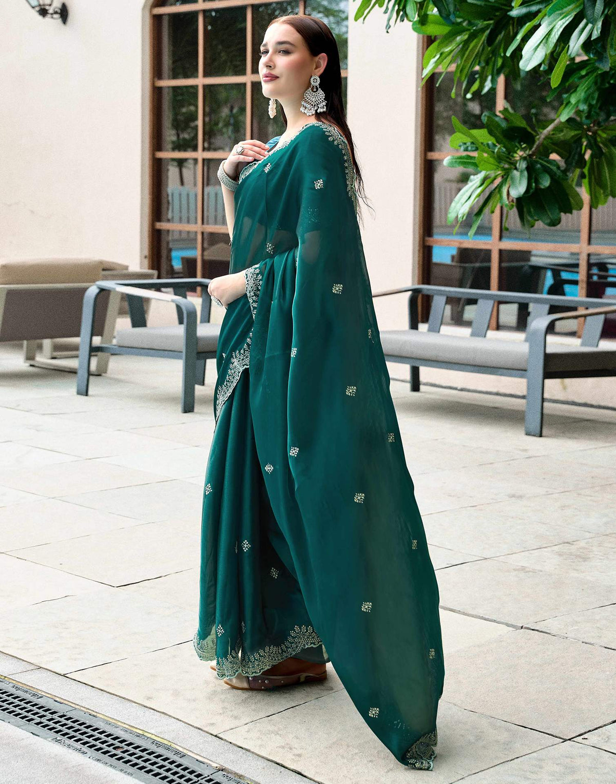 Green Tissue Silk Sequence Embroidery Saree