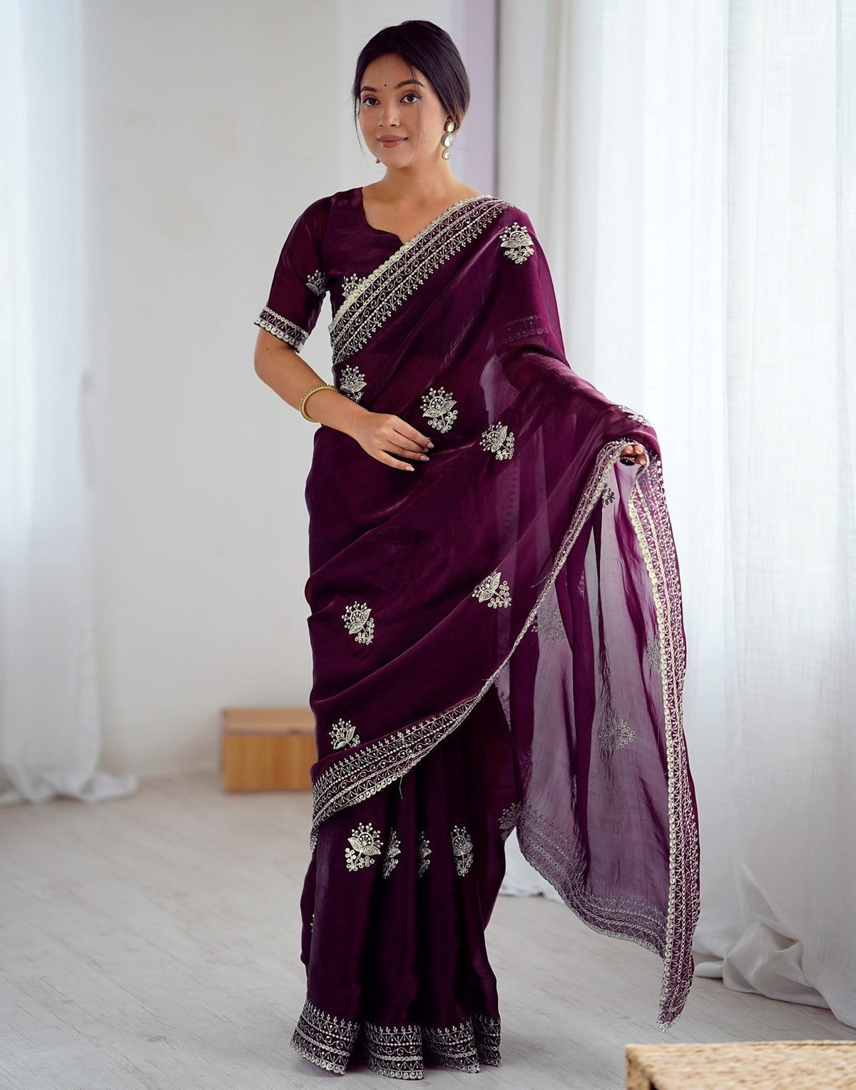 Wine Tissue Silk Embroidery Saree