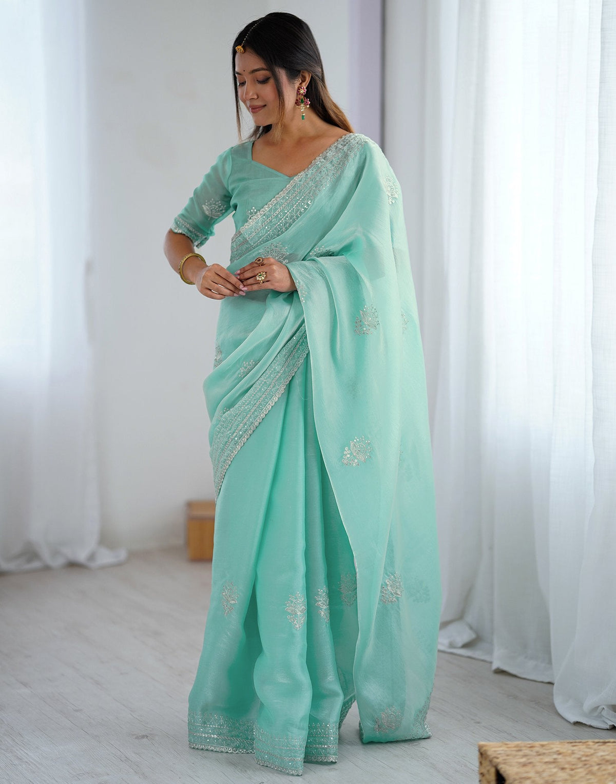 Sea Green Tissue Silk Embroidery Saree