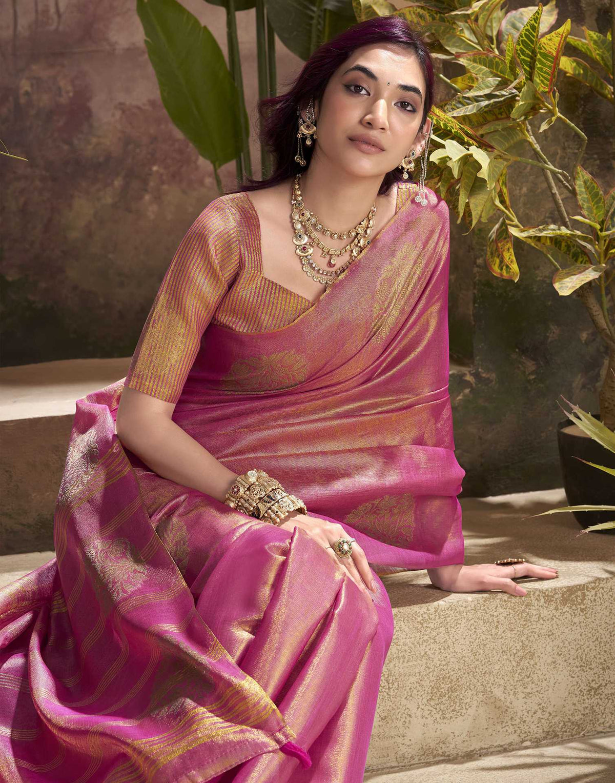 Rani Pink Tissue Silk Woven Saree