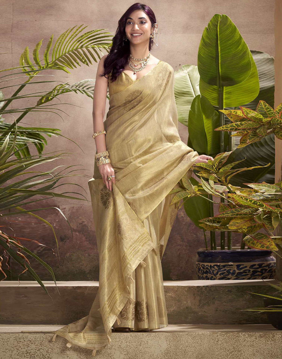 Beige Tissue Silk Woven Saree