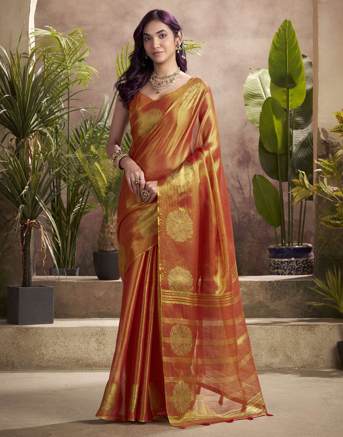 Orange Tissue Silk Woven Saree
