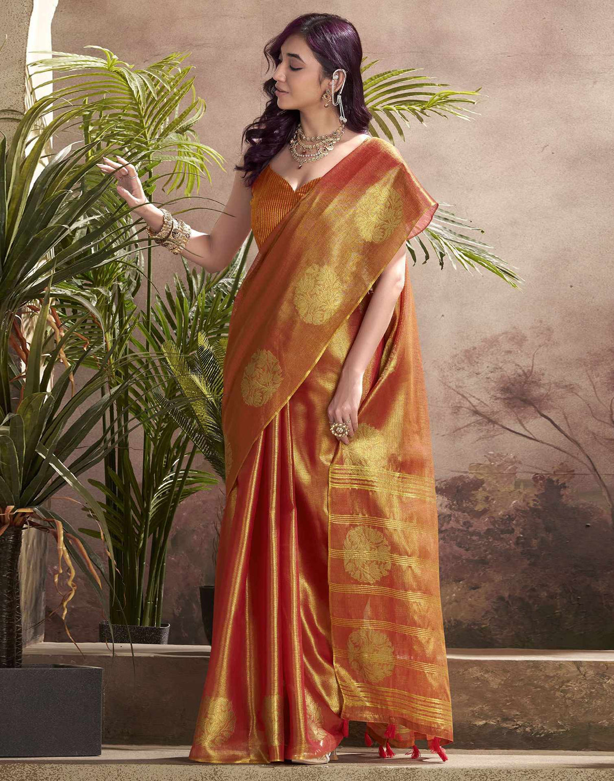 Orange Tissue Silk Woven Saree