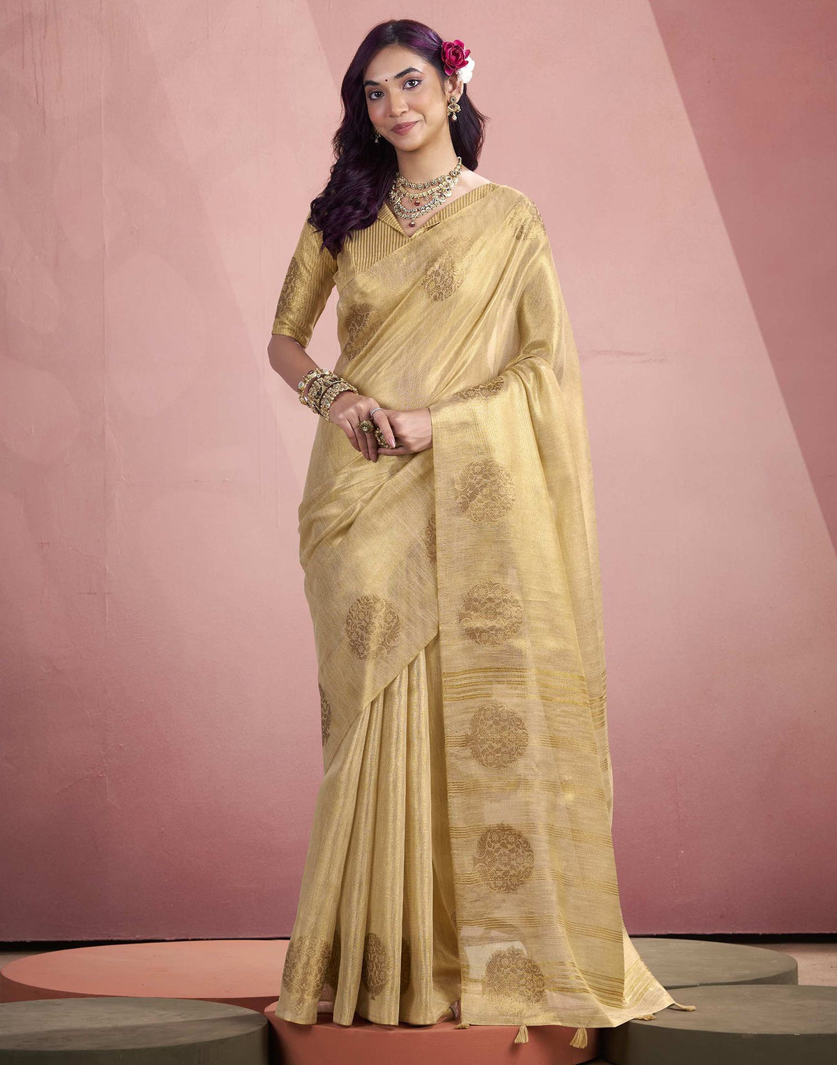 Beige Tissue Silk Woven Saree