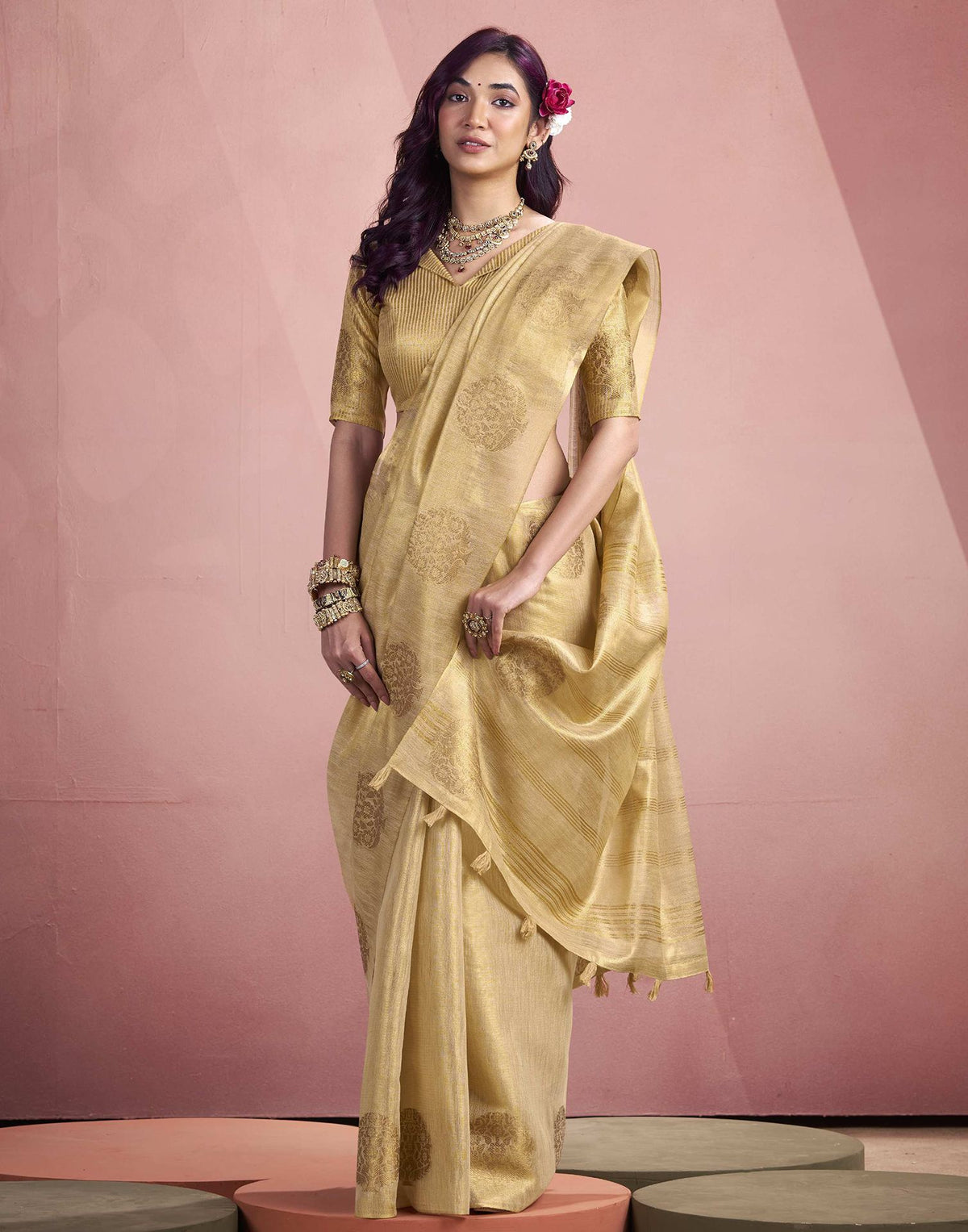 Beige Tissue Silk Woven Saree