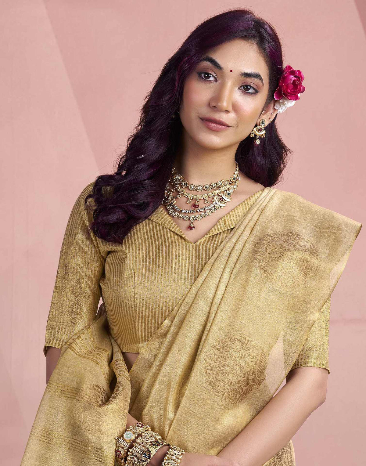 Beige Tissue Silk Woven Saree
