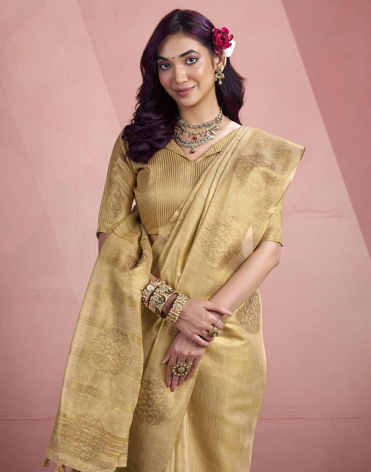Beige Tissue Silk Woven Saree