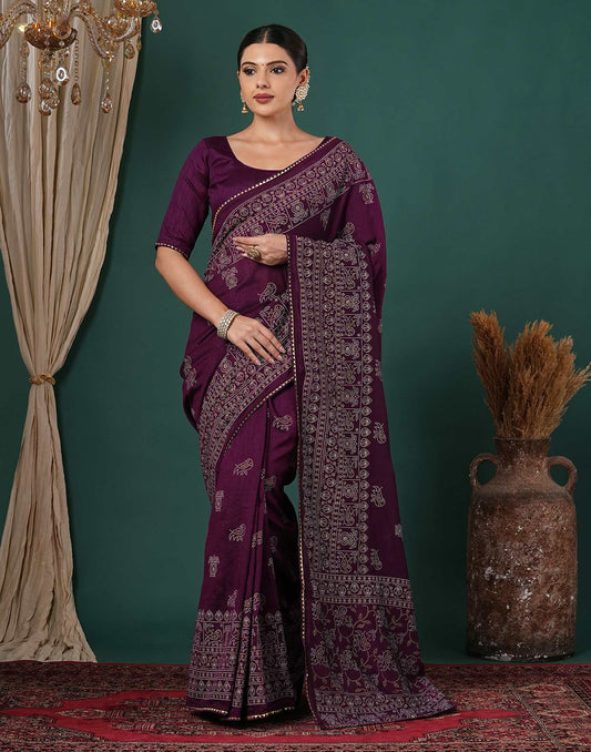 Dark Purple Silk Printed Saree