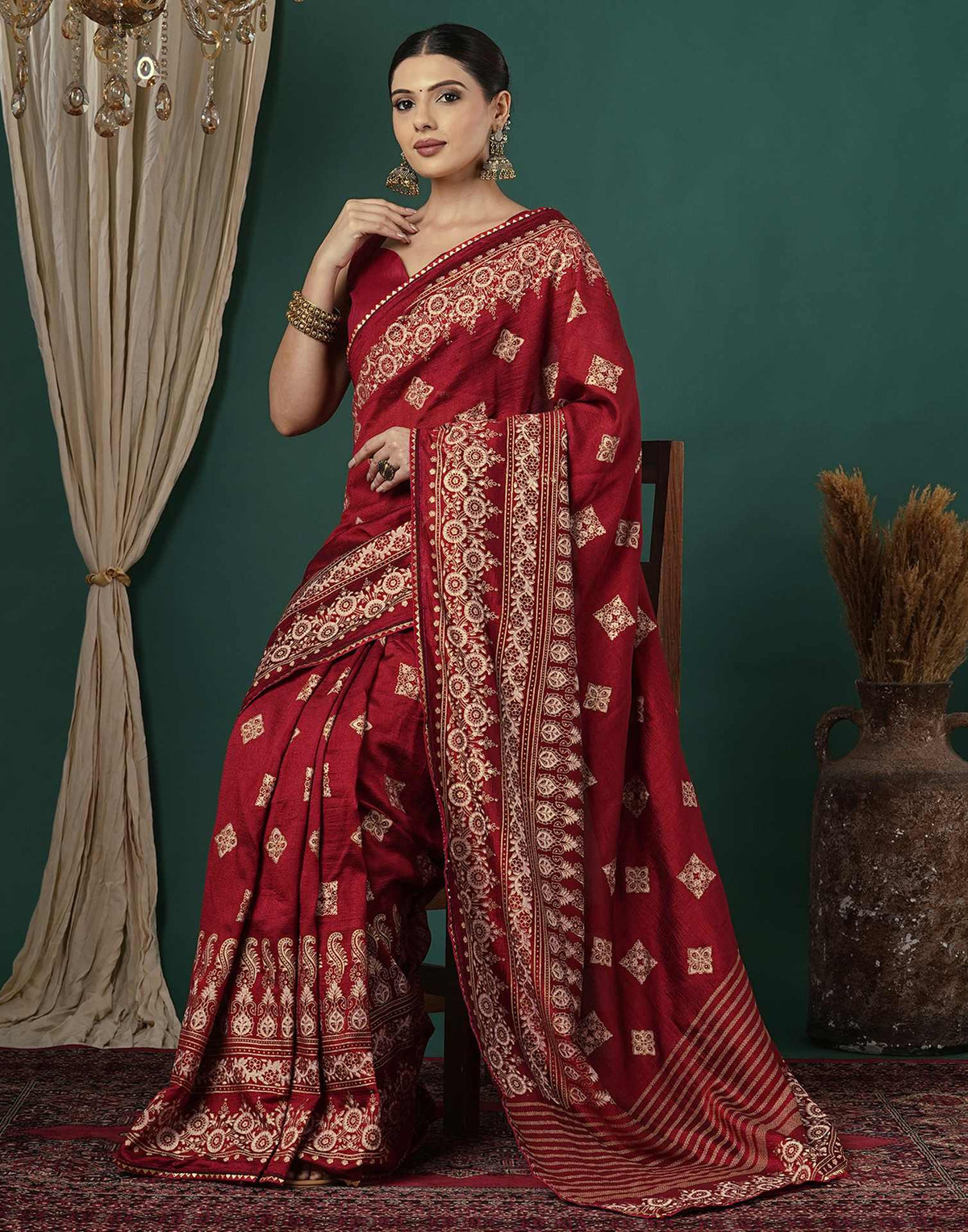 Maroon Silk Foil Printed Saree
