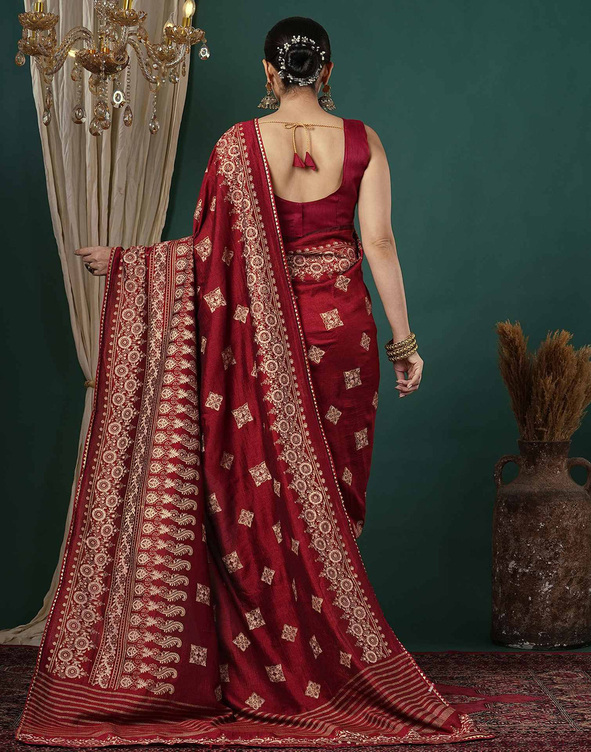 Maroon Silk Foil Printed Saree