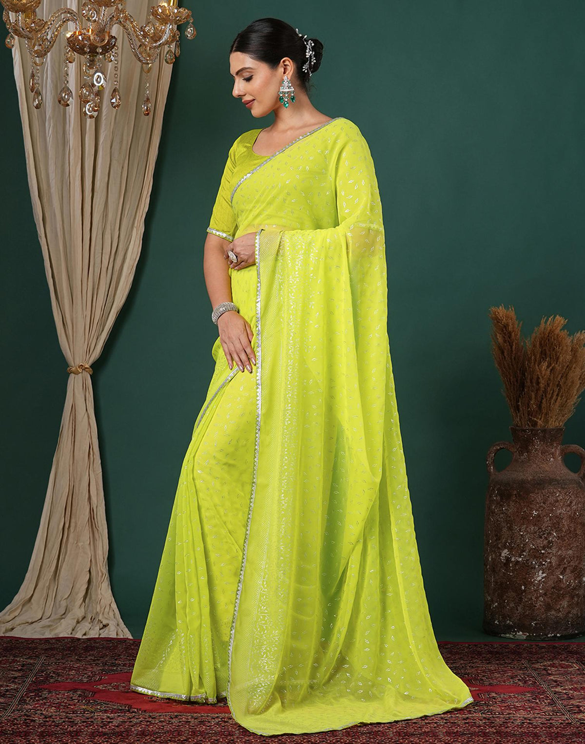 Lime Green Georgette Foil Printed Saree