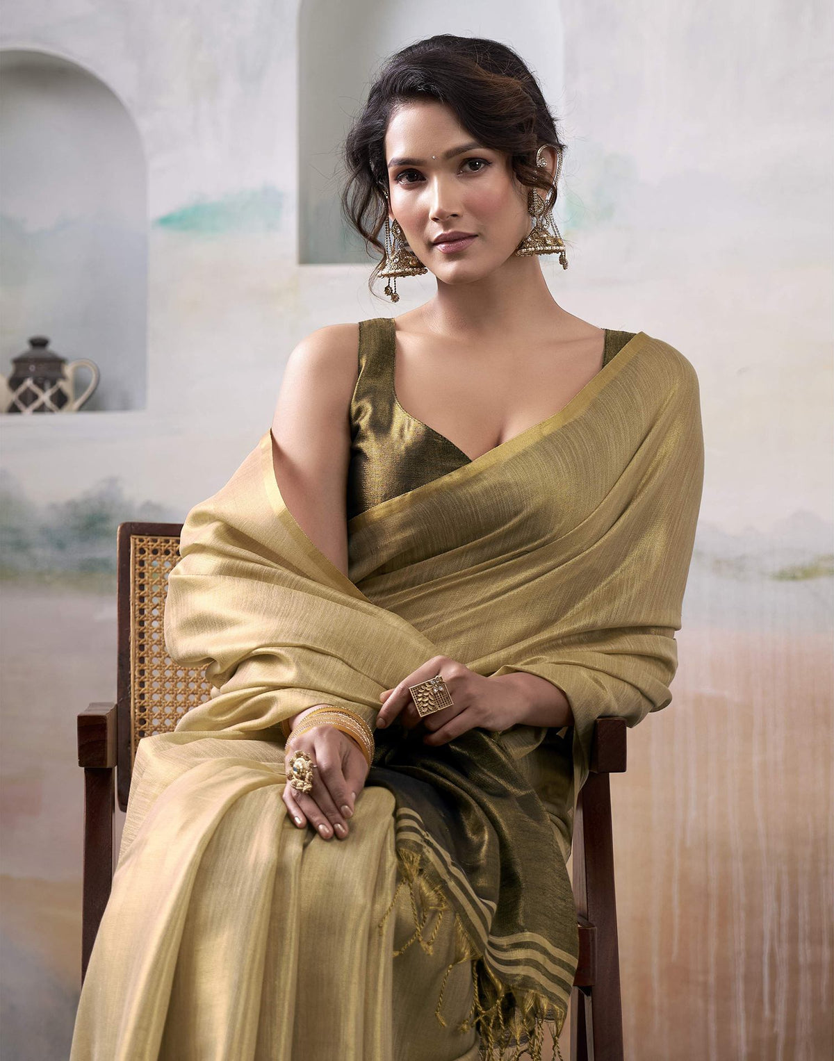Khaki Tissue Silk Woven Plain Saree