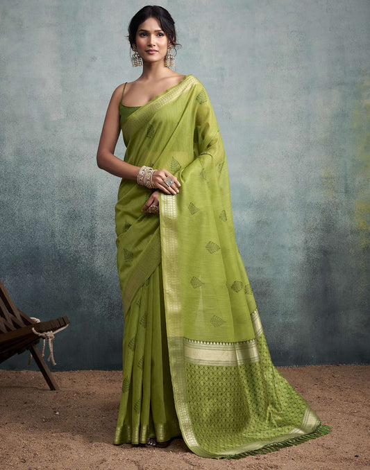 Mehandi Green Cotton Woven Saree
