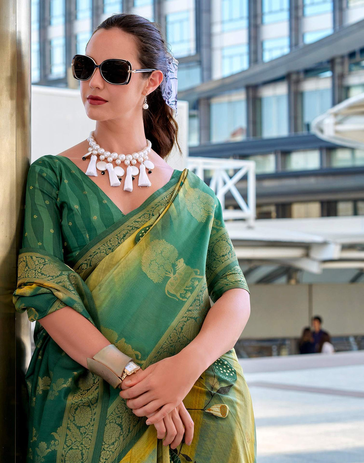 Teal Green Silk Printed Woven Saree