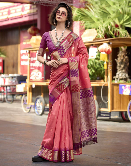 Coral Pink Silk Woven Saree