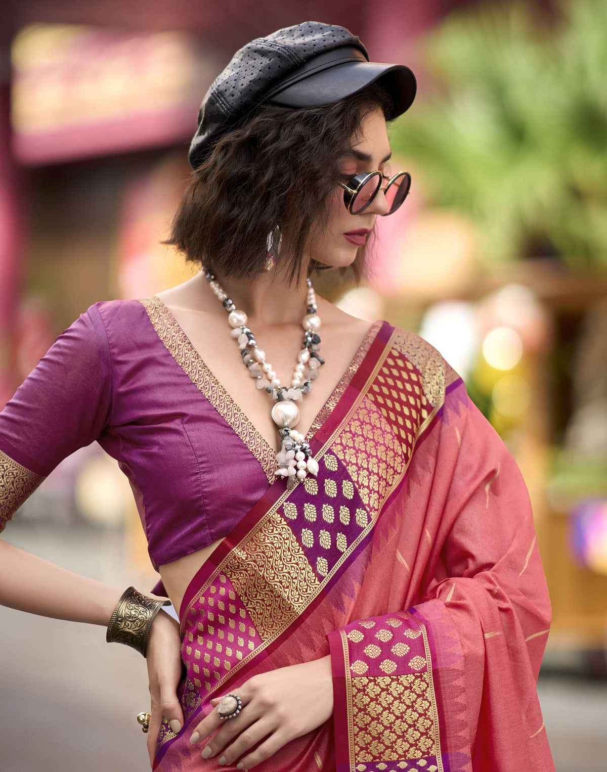 Coral Pink Silk Woven Saree