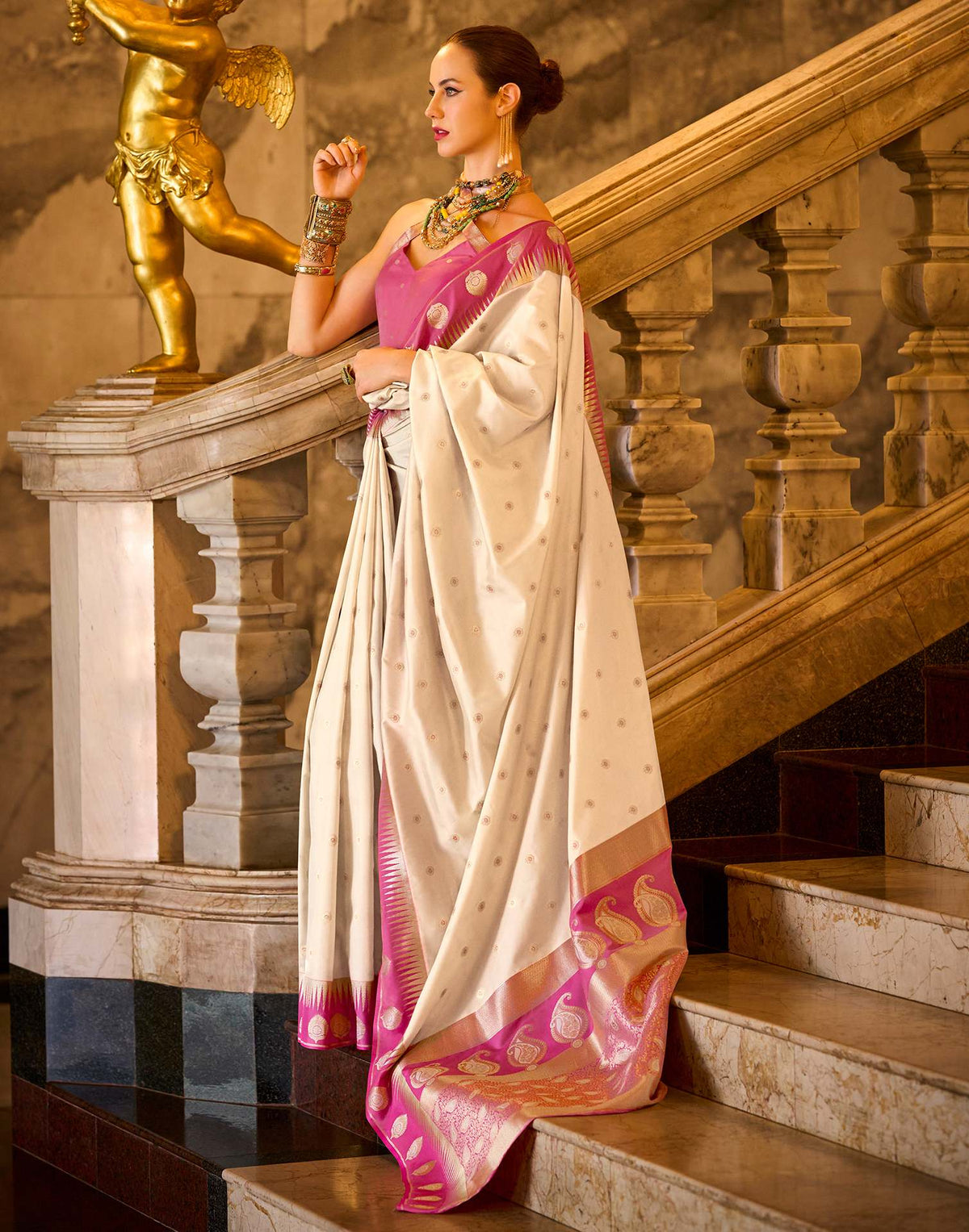 Cream Silk Woven Banarasi Saree