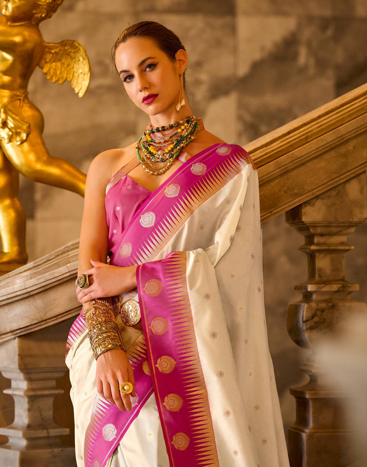 Cream Silk Woven Banarasi Saree