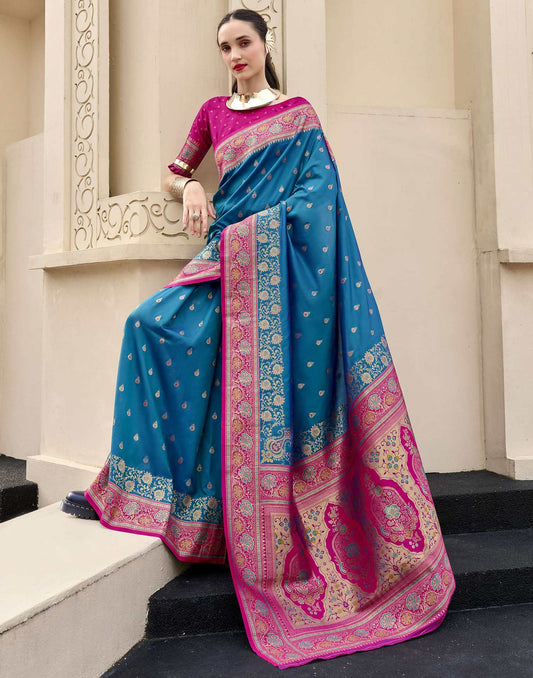 Peacock Blue Silk Woven Banarasi Saree