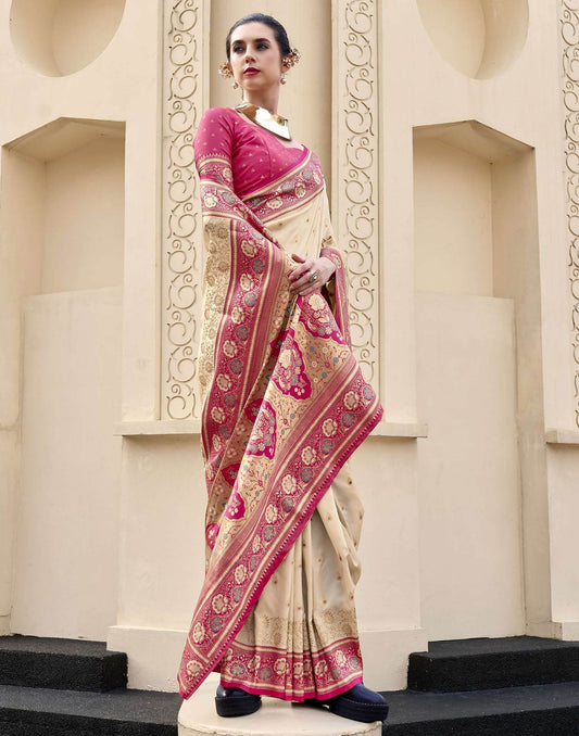Beige Silk Woven Banarasi Saree