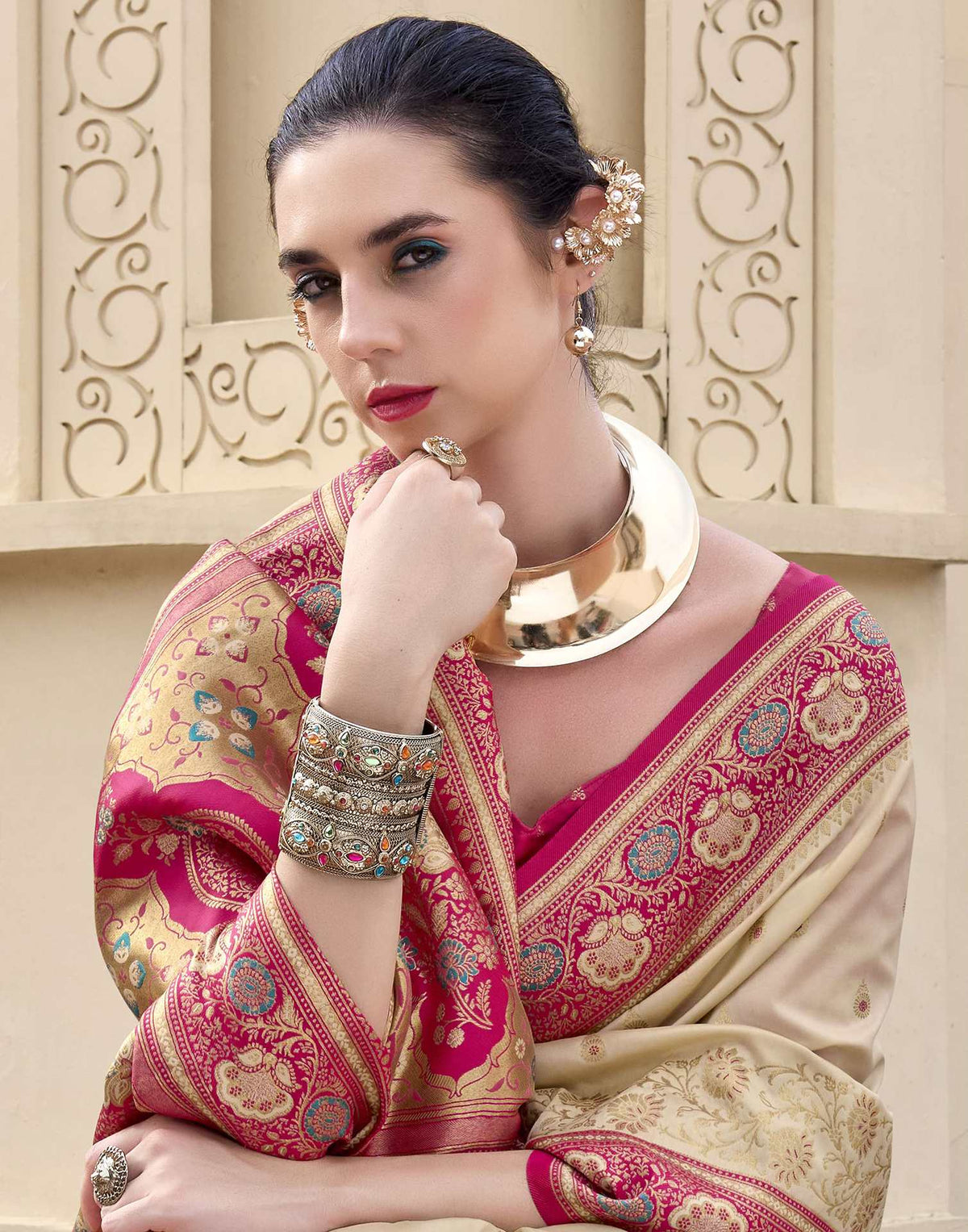 Beige Silk Woven Banarasi Saree