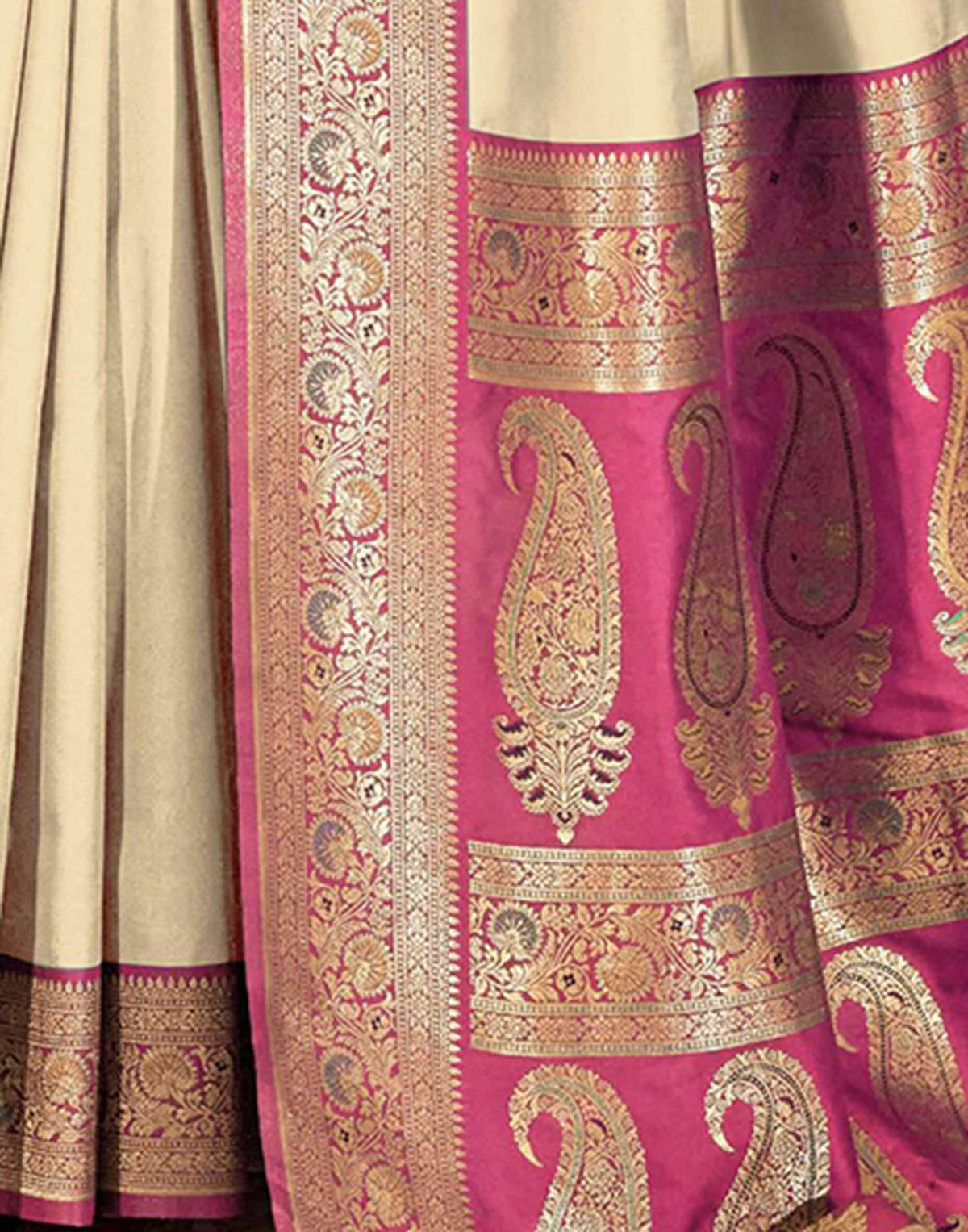Cream Silk Woven Saree