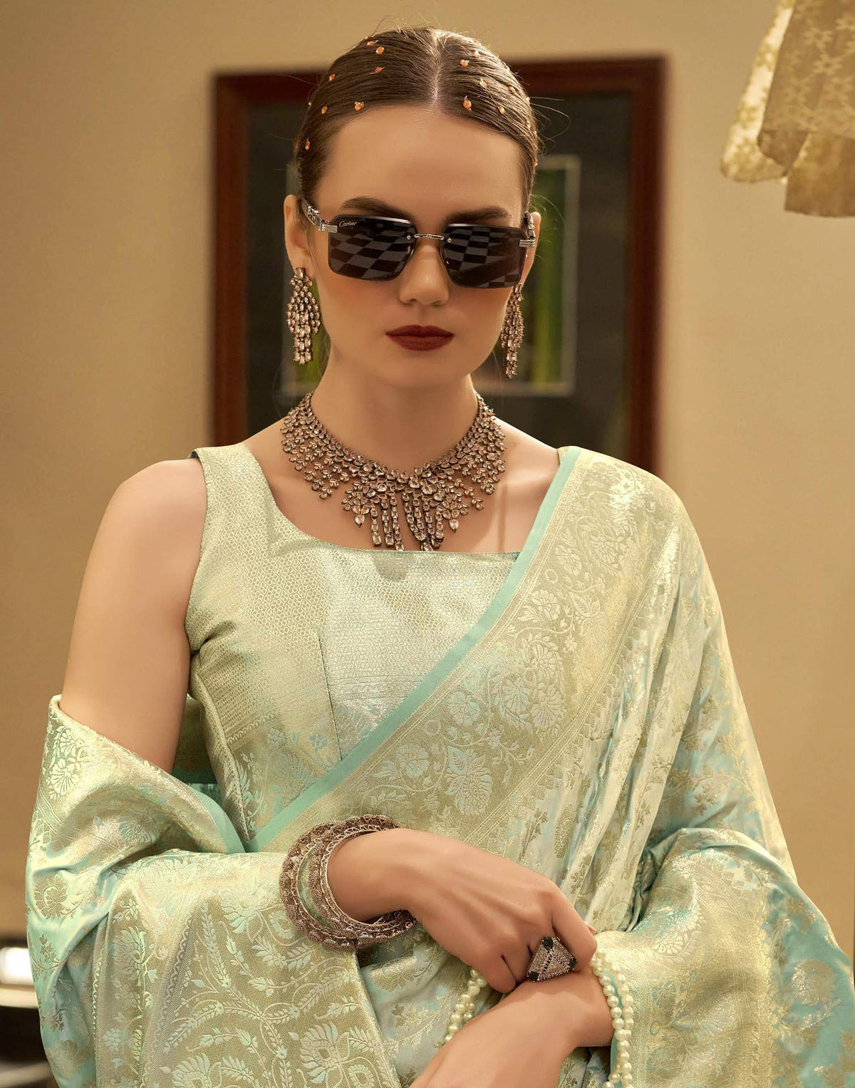 Mint Green Satin Woven Banarasi Saree