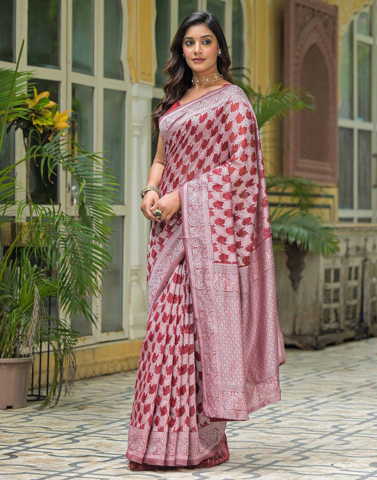 Maroon Silver Silk Woven Saree