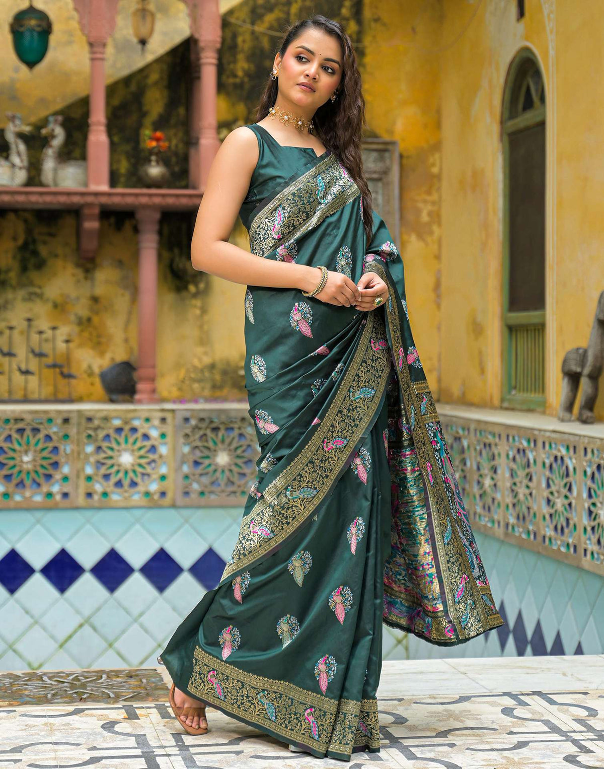 Bottle Green Silk Woven Banarasi Saree