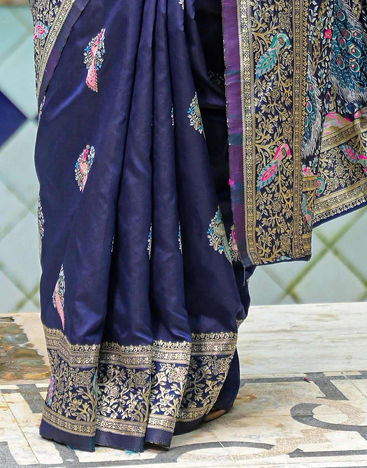 Navy Blue Silk Woven Banarasi Saree
