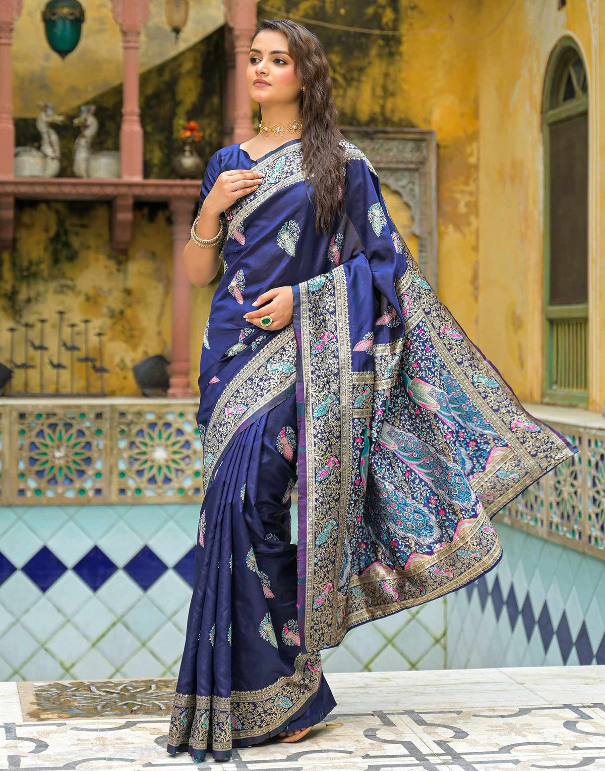 Navy Blue Silk Woven Banarasi Saree