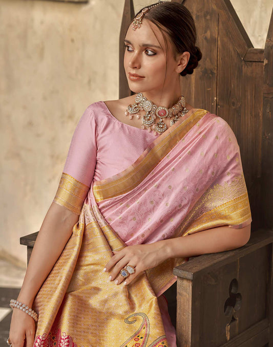 Baby Pink Silk Woven Banarasi Saree