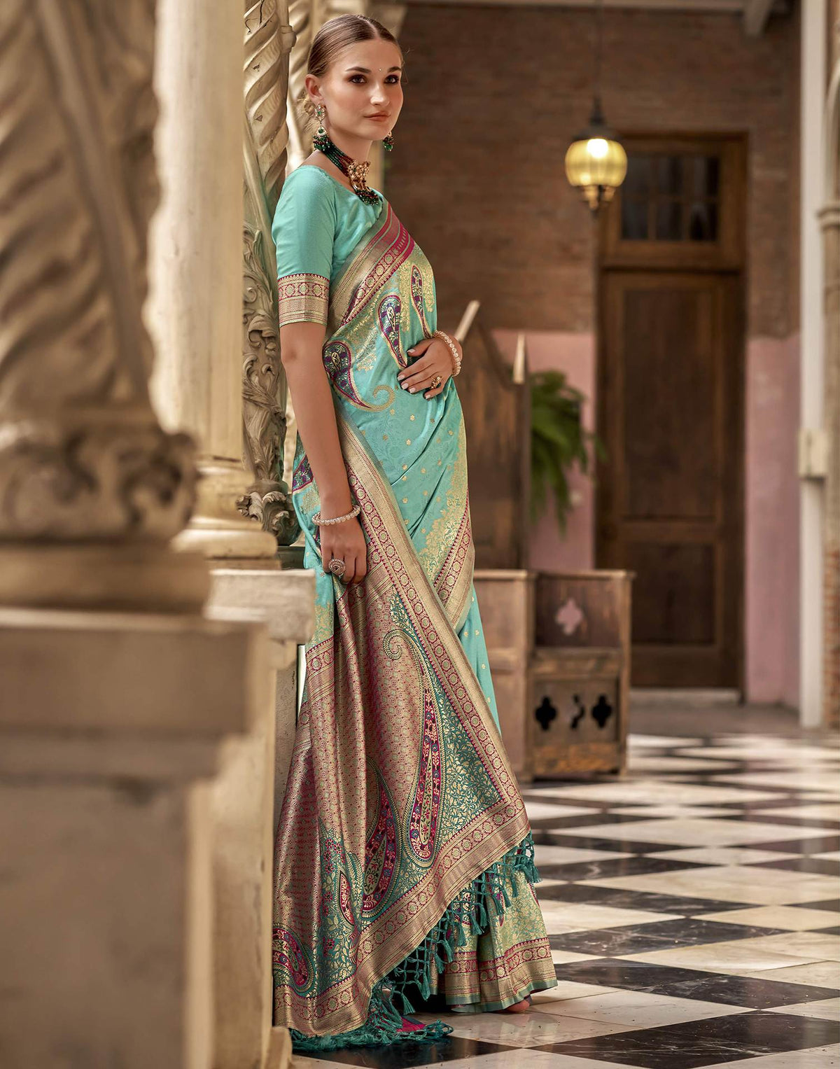 Turquoise Silk Woven Banarasi Saree