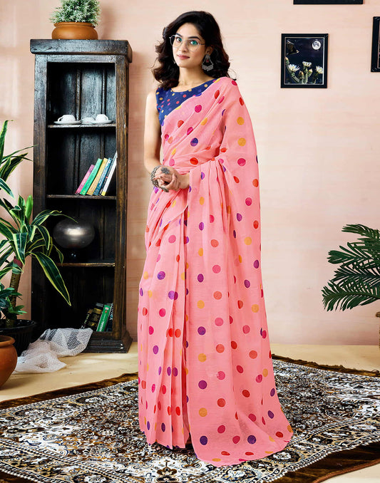 Ready To Wear Peach Chanderi Printed Saree With Pocket