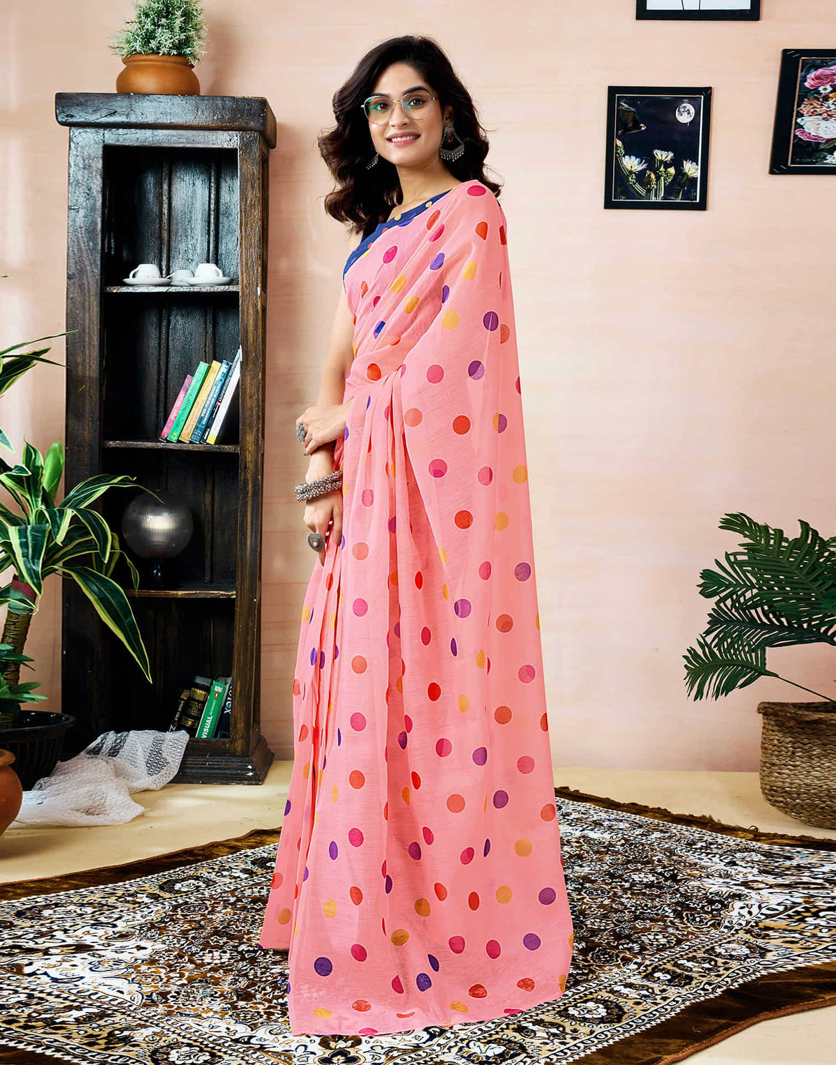 Ready To Wear Peach Chanderi Printed Saree With Pocket