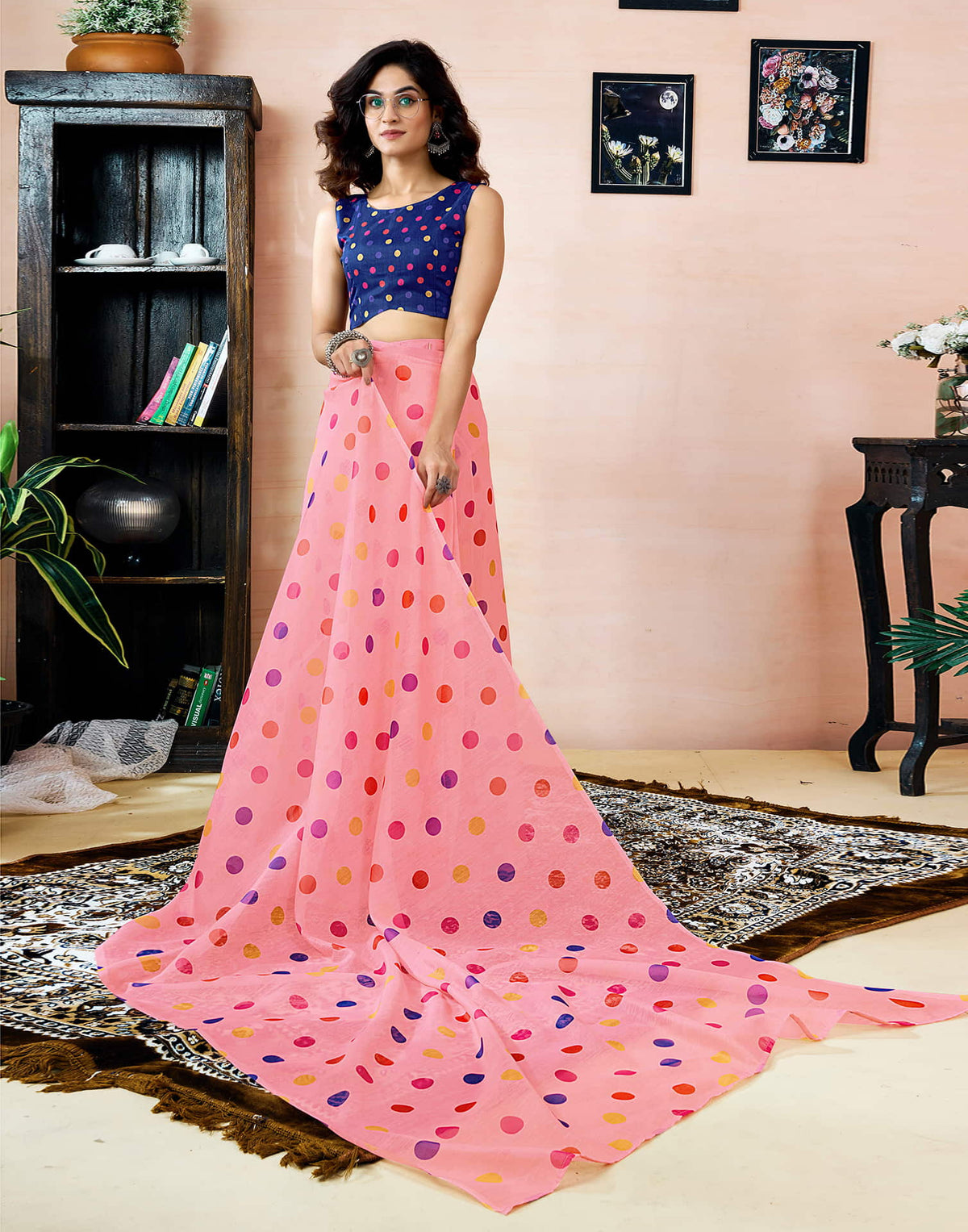 Ready To Wear Peach Chanderi Printed Saree With Pocket