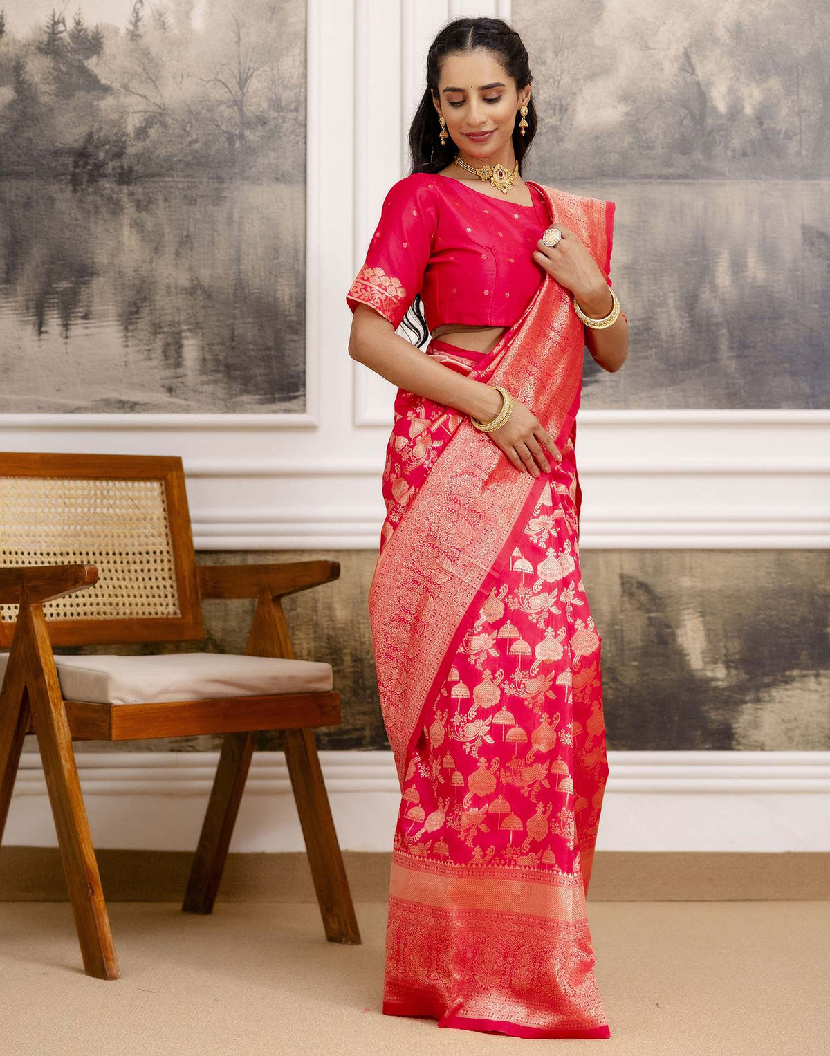Bright Pink Silk Woven Banarasi Saree