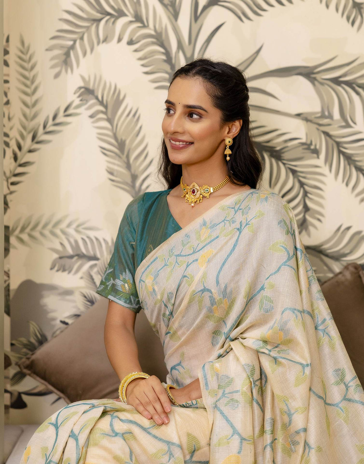 Beige Cotton Woven Saree