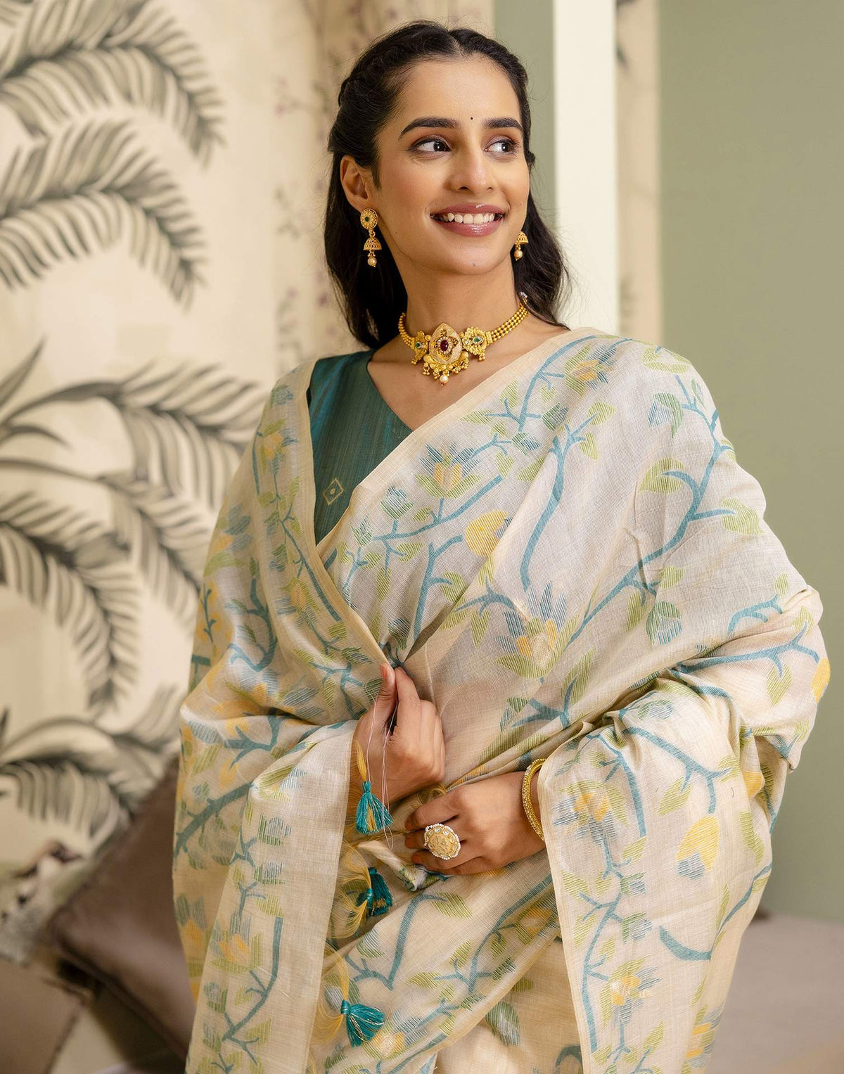 Beige Cotton Woven Saree