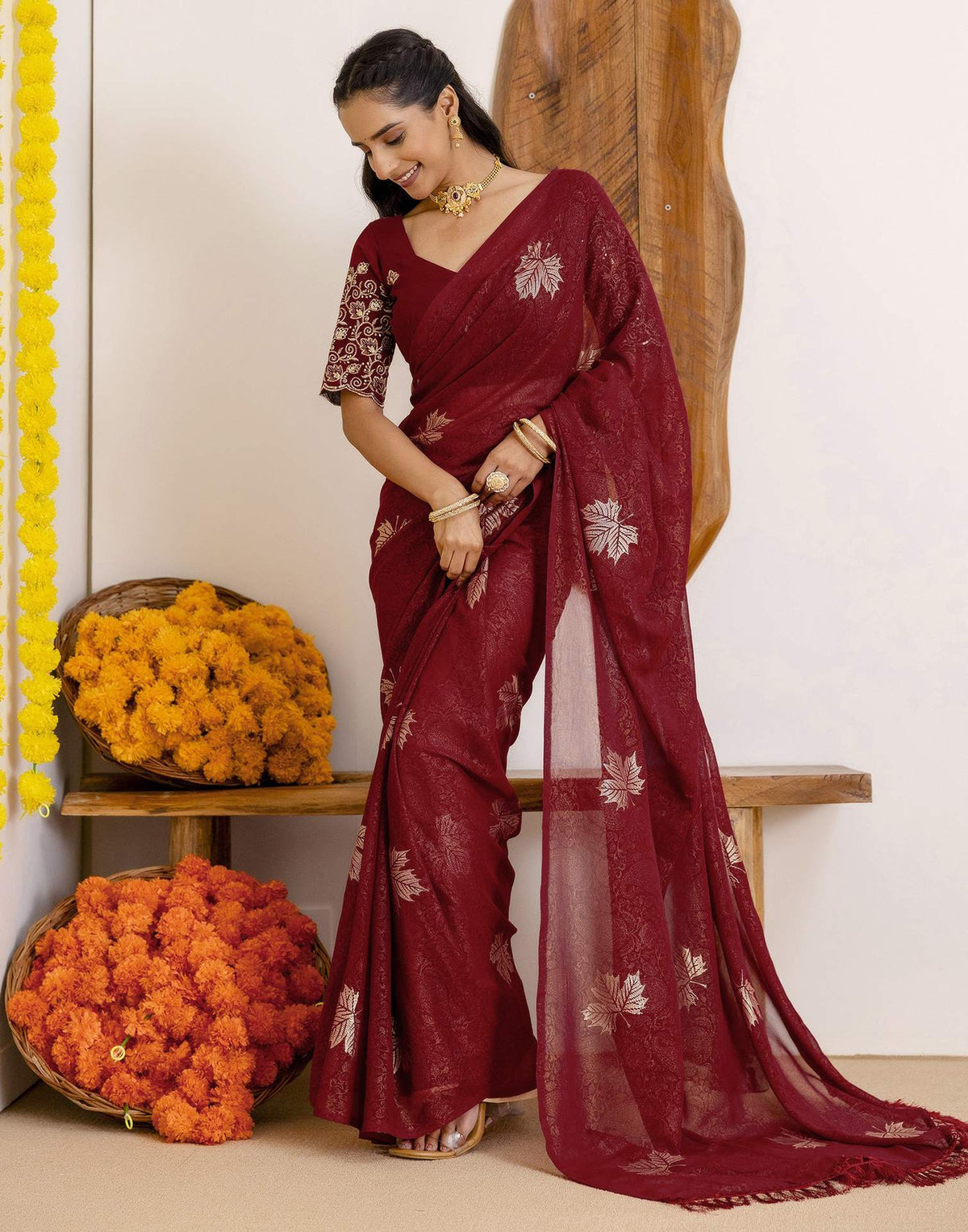 Maroon Georgette Foil Printed Saree