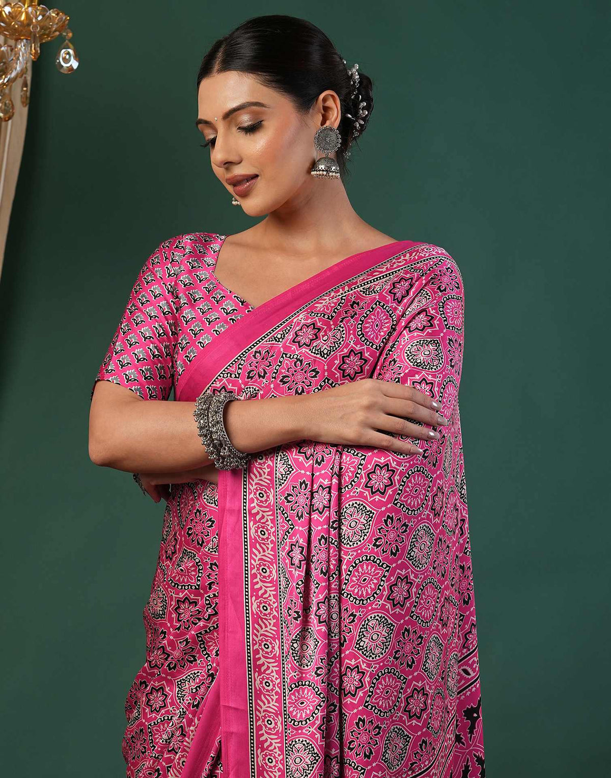 Pink Satin Printed Saree