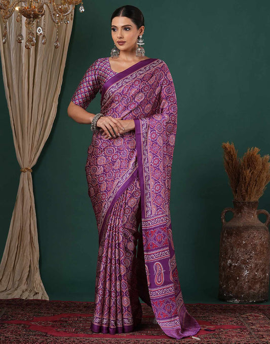 Dark Purple Satin Printed Saree