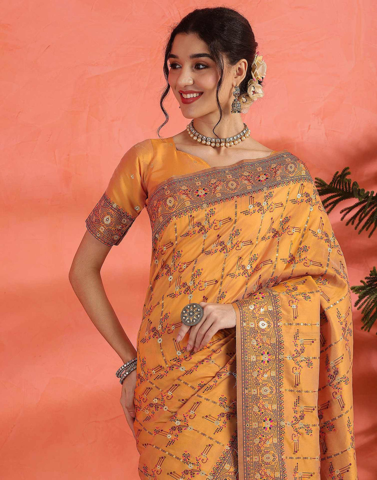 Pastel Orange Silk Woven Saree