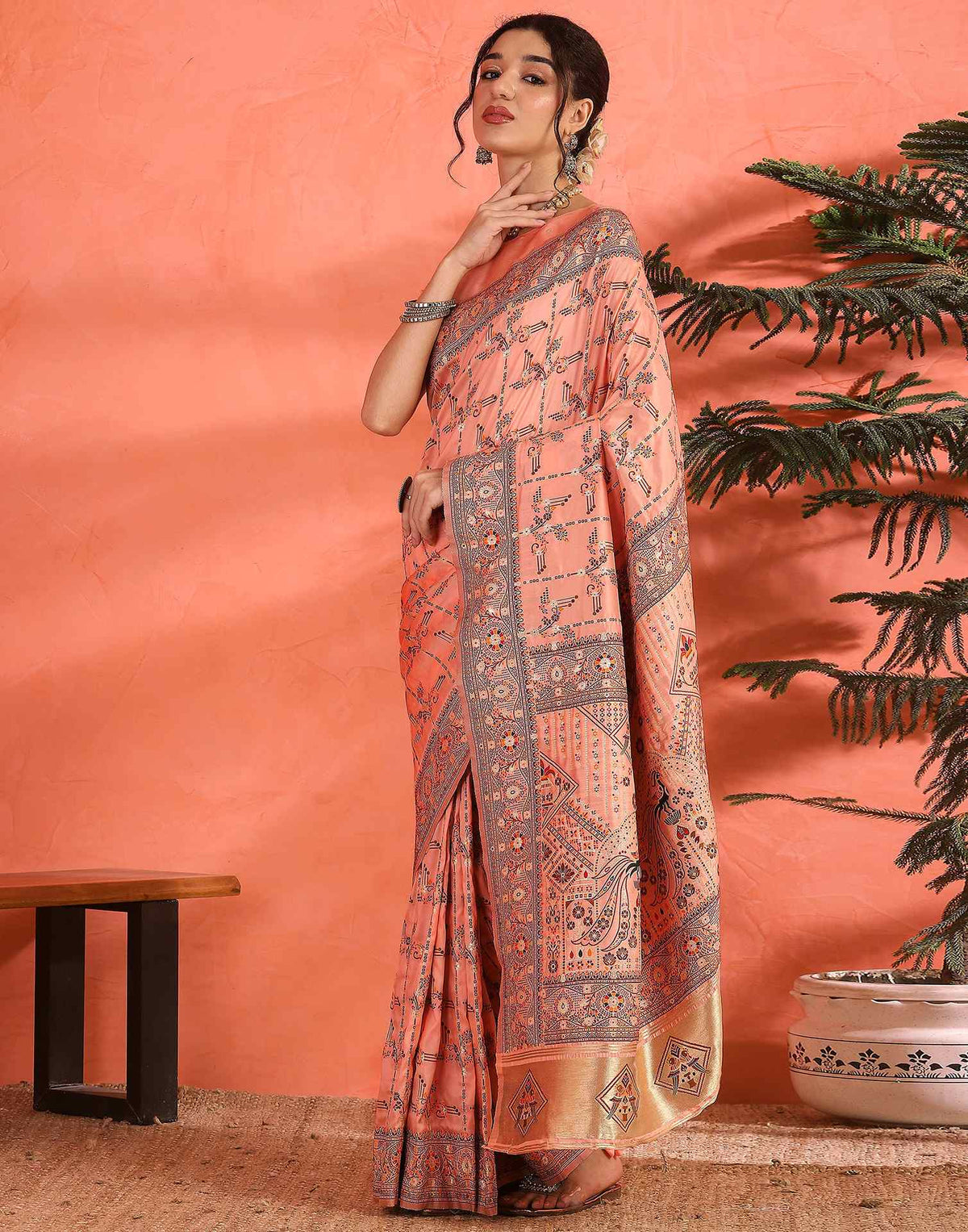 Peach Silk Woven Saree