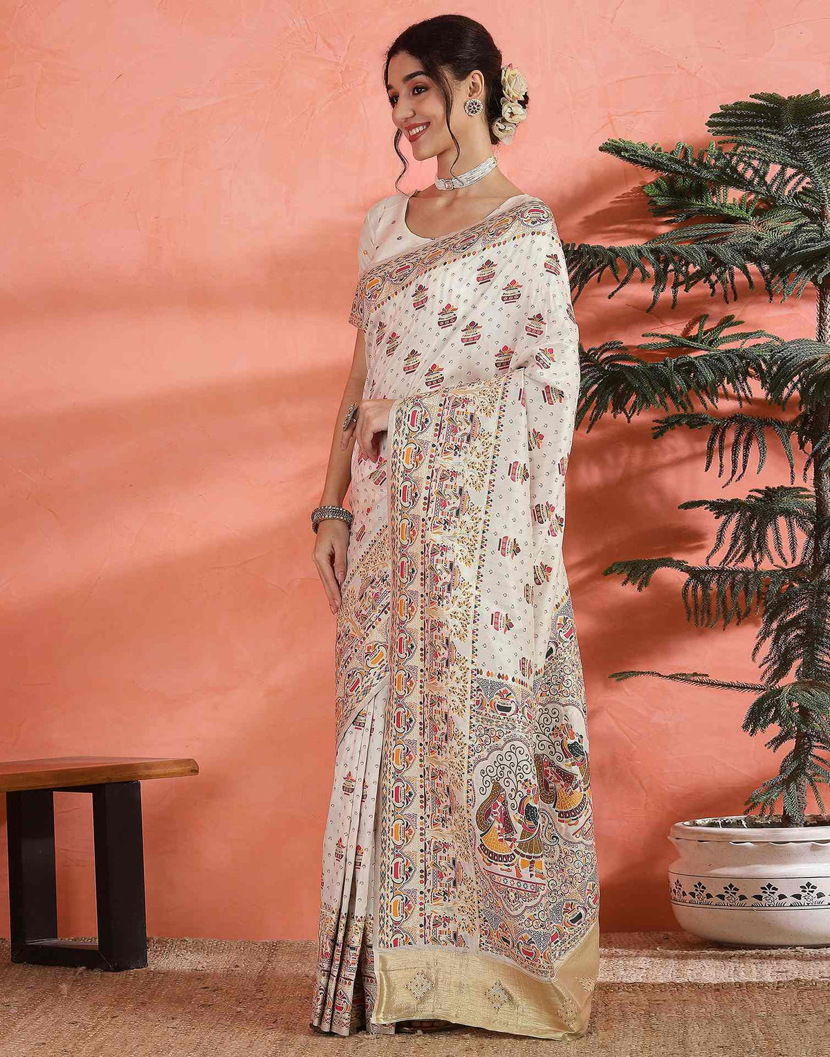 Off White Silk Woven Saree